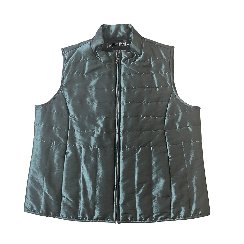 Relativity Womens Size XL Green Metallic Vest Sleeveless Pockets Zip Lightweight